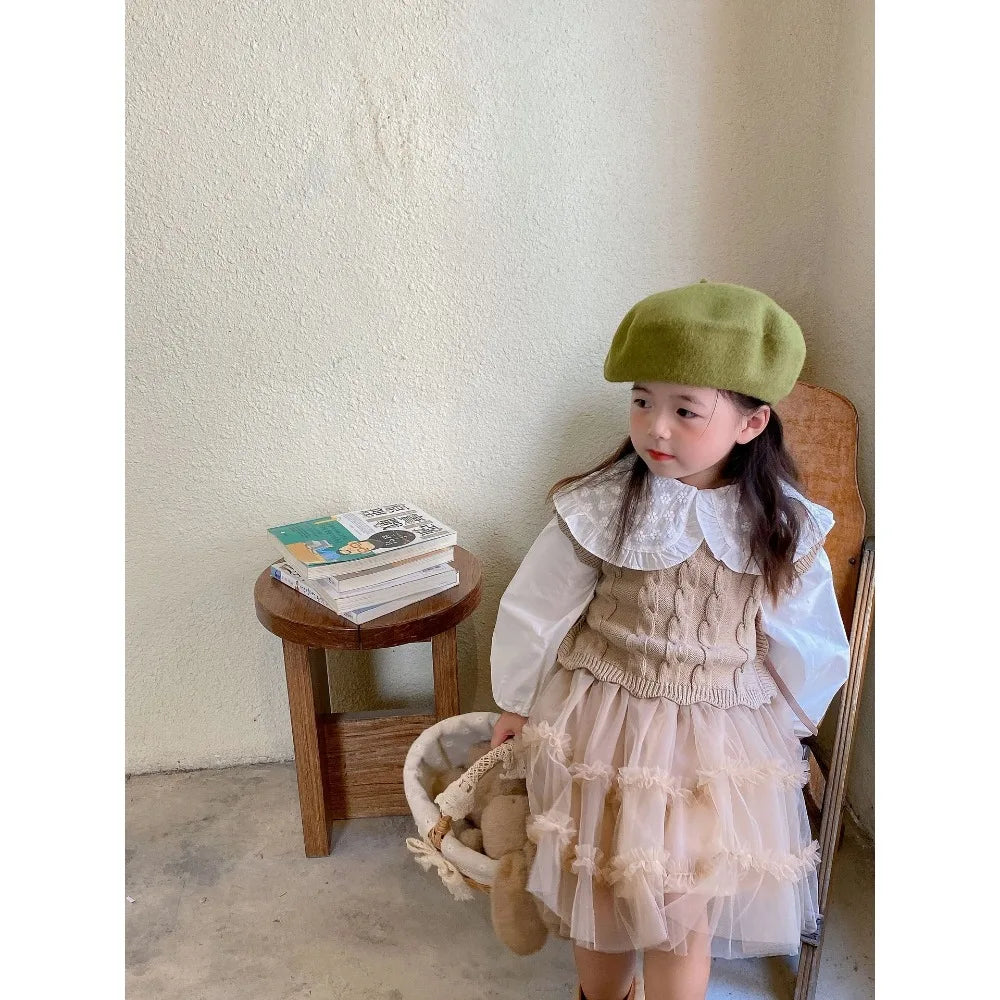 Gilet tricoté fille – sans manches, mode printemps/automne, 1‑7 ans