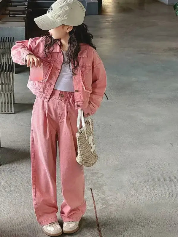 Ensemble de tenues 2 pièces pour filles, veste en jean à la mode, vêtements d'école pour mère et fille, tenues pour adolescents de 12 à 13 ans.