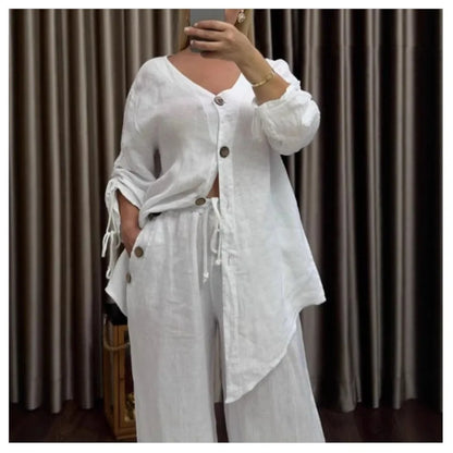 Ensemble Femme 2 Pièces – Cardigan Col V à Boutons & Pantalon Large, Style Décontracté Chic