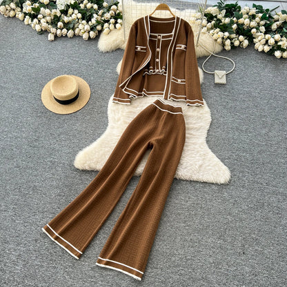 Ensemble 2 Pièces Femme – Tricot Imprimé Chic, Cardigan Chaud + Pantalon Large Décontracté