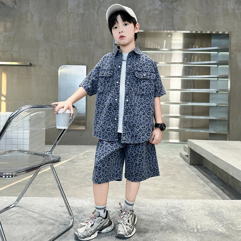 Ensemble été garçon 5‑14 ans – léopard, chemise + short denim