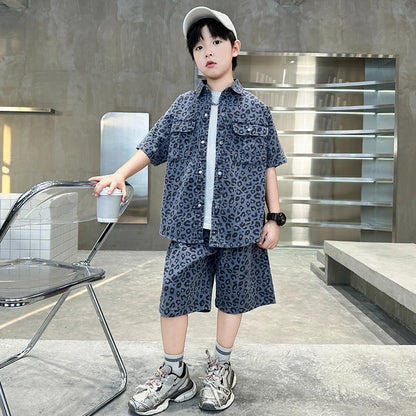 Ensemble été garçon 5‑14 ans – léopard, chemise + short denim
