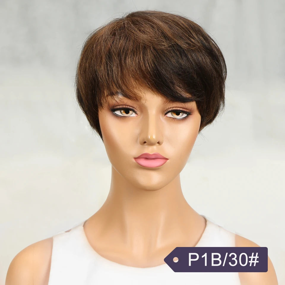 Perruque femme cheveux humains –, courte, raide, frange, Remy, style élégant