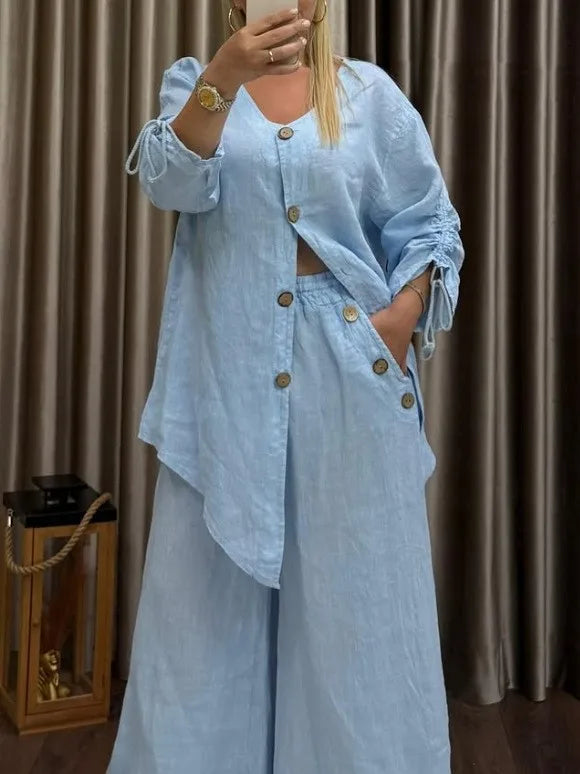 Ensemble Femme 2 Pièces – Cardigan Col V à Boutons & Pantalon Large, Style Décontracté Chic