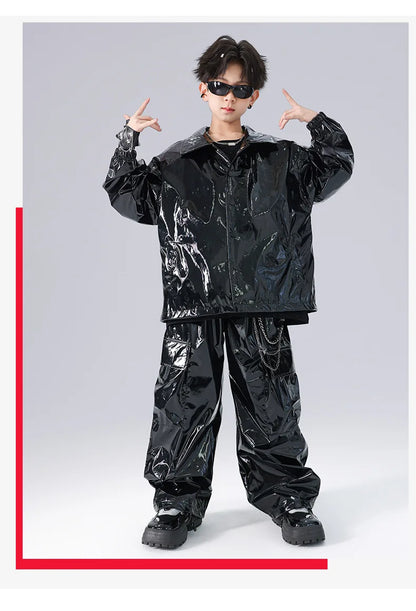 Costume Danse Jazz Garçon Filles, Pantalon Cuir Brillant Rouge, Streetwear Hip Hop Scène .
