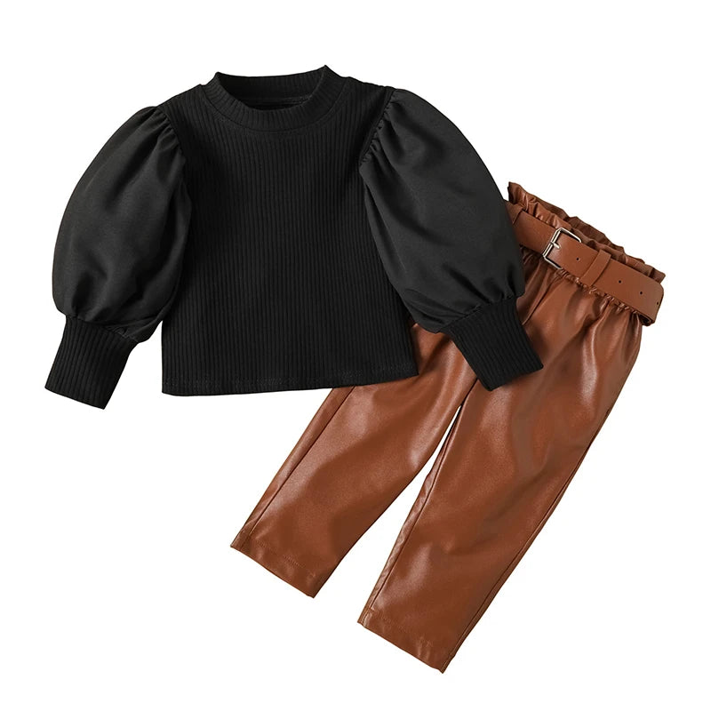 Ensemble fille 2 pièces – chemisier côtelé & pantalon cuir PU avec ceinture (1‑6 ans)