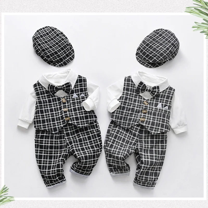 Costume bébé garçon 1er anniversaire – Gilet carreaux, body blanc, pantalon, chapeau, mariage
