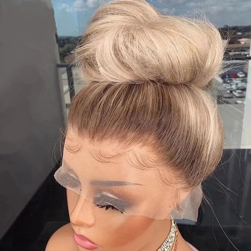 Perruque lace frontal 13x6 ombré blonde 613 racine brune – cheveux humains droits, pré‑plumée