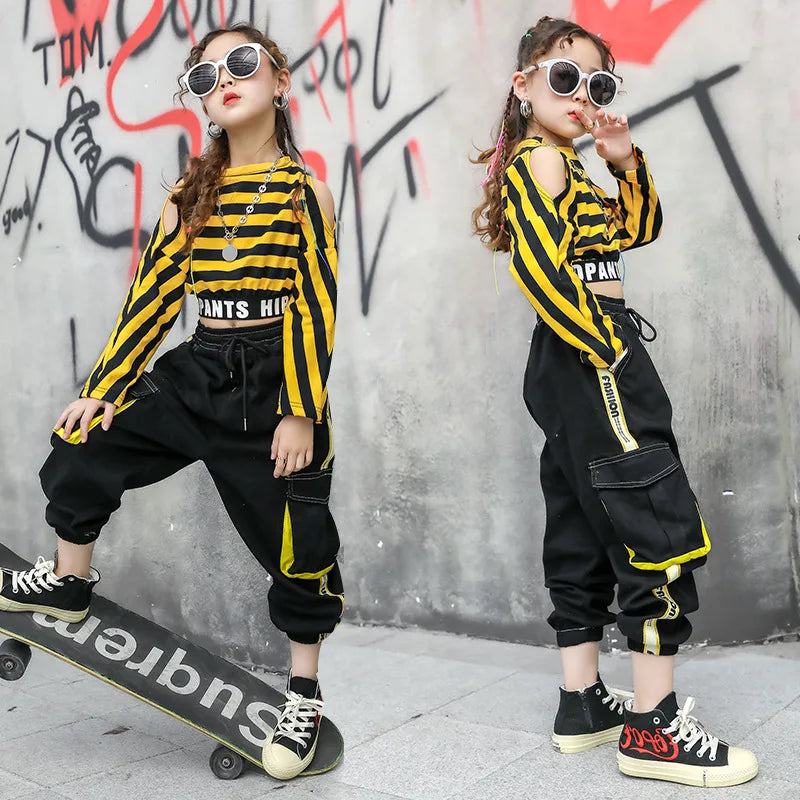 Costume danse jazz fille hip-hop manches longues rayé