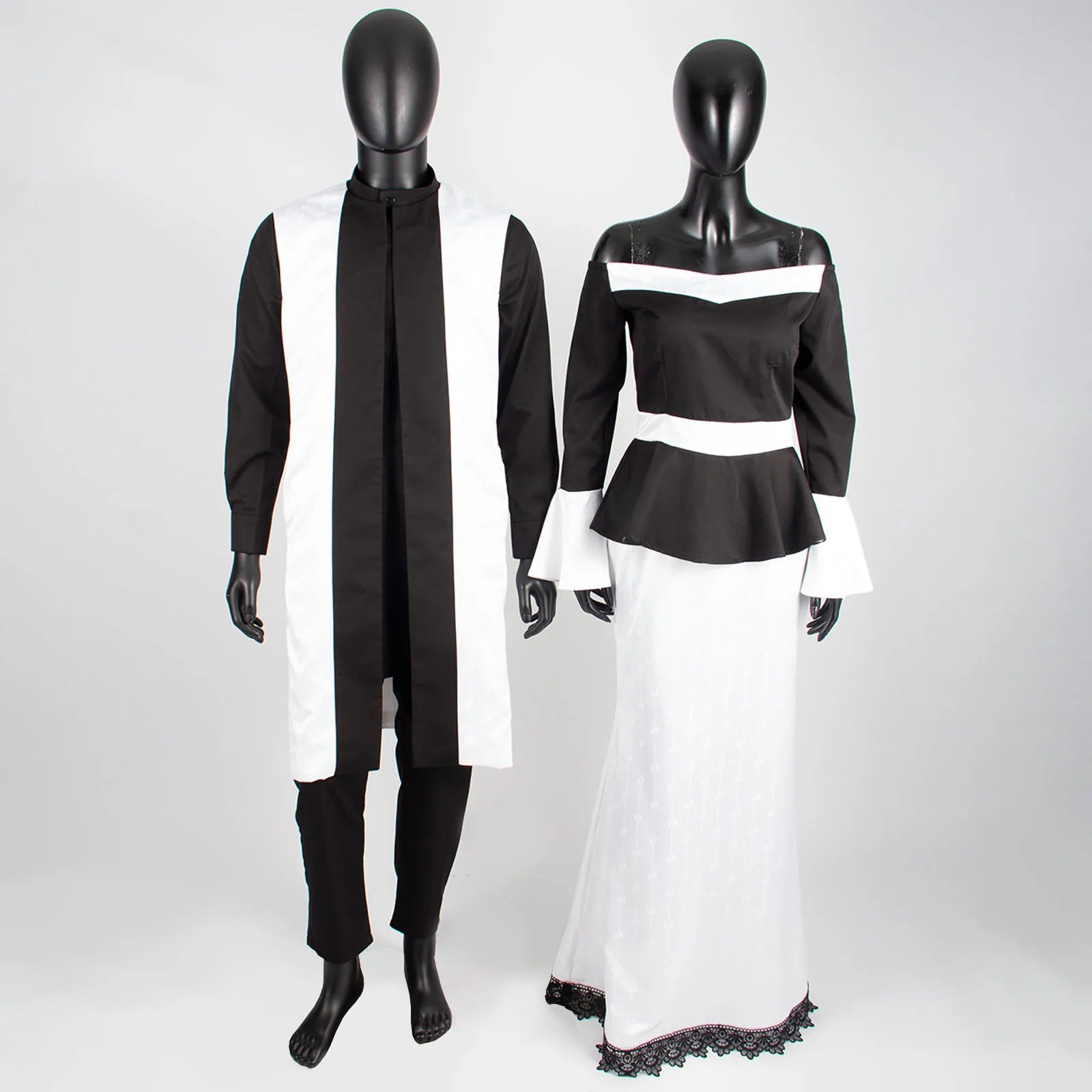 Vêtements couple africain – Robe femme maxi et jupe sirène, haut homme assorti, tenue mariage ET fête , 3 pièces