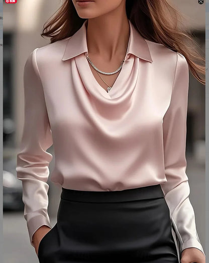 Chemise Femme Satin – Chemisier Élégant à Col V & Manches Longues, Coupe Ample Décontractée Chic