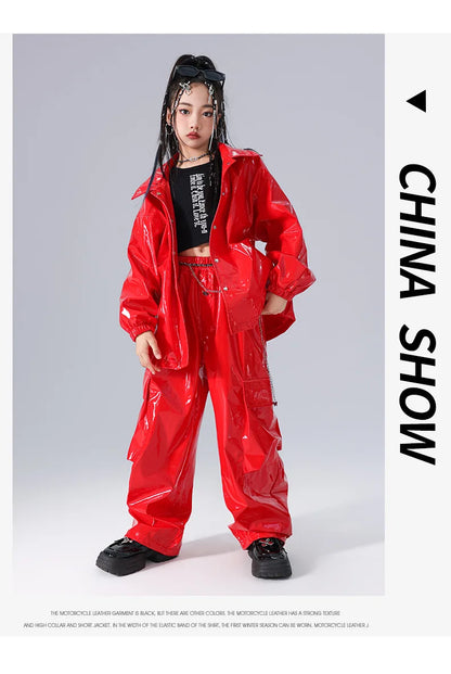 Costume Danse Jazz Garçon Filles, Pantalon Cuir Brillant Rouge, Streetwear Hip Hop Scène .