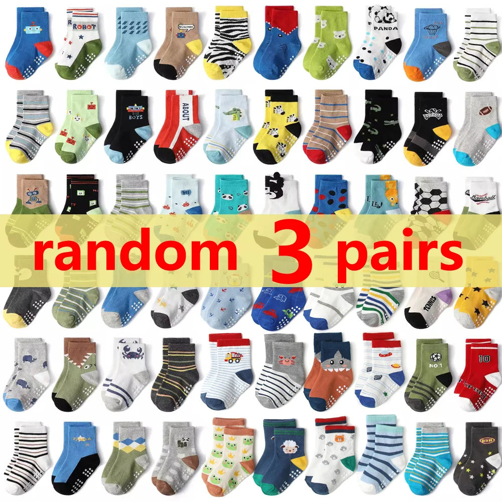 Chaussettes coton enfant/bébé – antidérapantes, respirantes, dessins animés (lot 1‑12 paires)