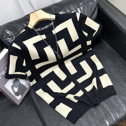 T-shirt Ice Inj à manches courtes, col rond, design haut de gamme avec imprimé géométrique, parfait pour un style casual estival, nouveau modèle