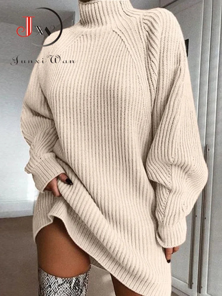 Robe pull femme col roulé tricot hiver