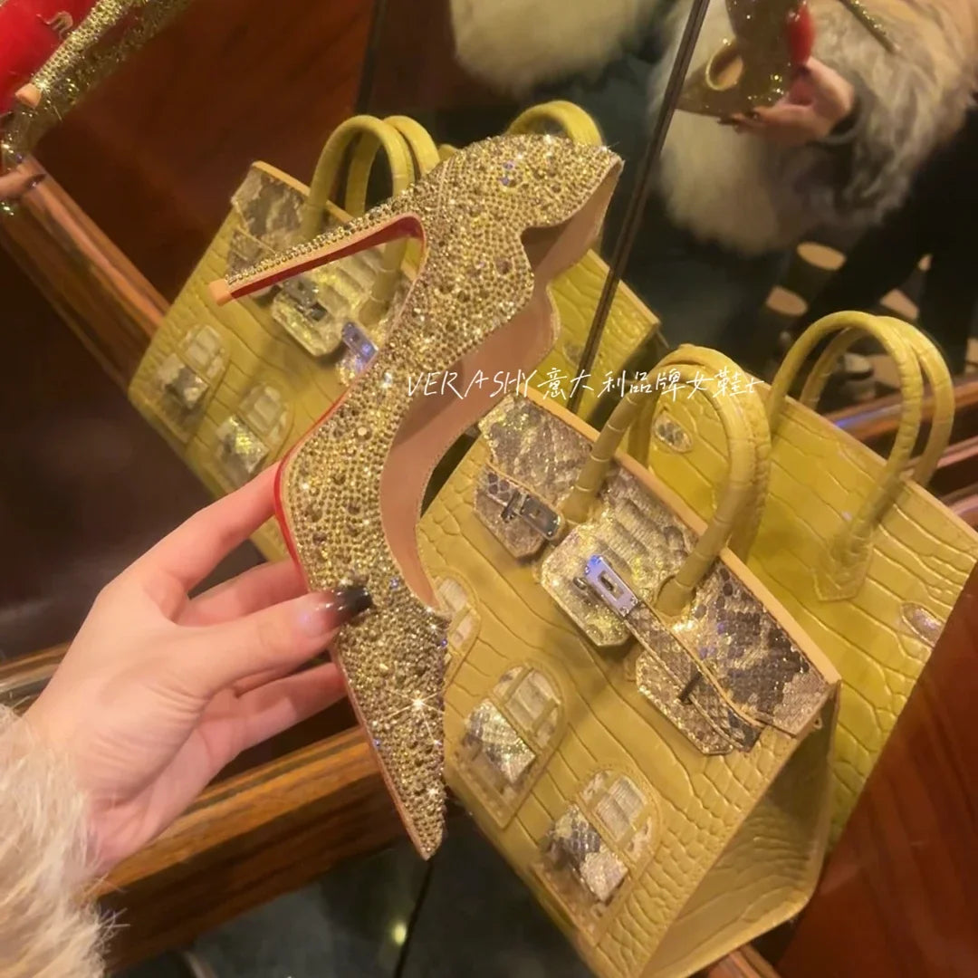 Talons Hauts Femmes 2025 Printemps – Chaussures Minces Pointues, Or Sexy, Style Français, Cristal, Semelle Rouge, Chaussures Mariage Élégantes