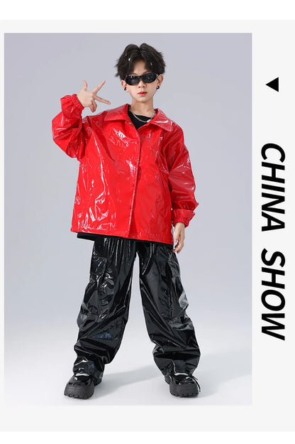 Costume Danse Jazz Garçon Filles, Pantalon Cuir Brillant Rouge, Streetwear Hip Hop Scène .