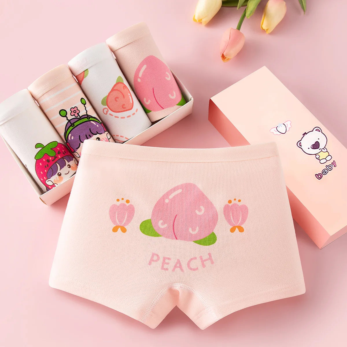 Lot 4 pièces culottes coton fille – Motifs dessin animé doux et confortables