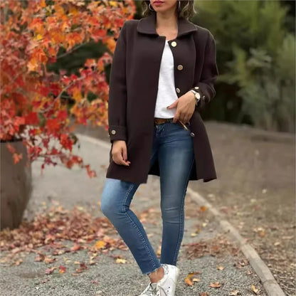 Veste Femme Automne-Hiver – Pardessus Décontracté à Revers, Couleur Unie avec Poches Chic