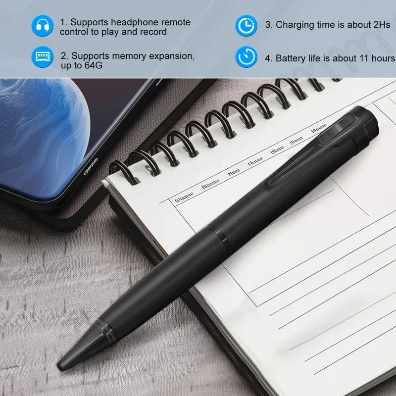 Stylo enregistreur vocal 128 Go portable USB, lecture MP3, pour conférences et cours, avec 5 recharges.