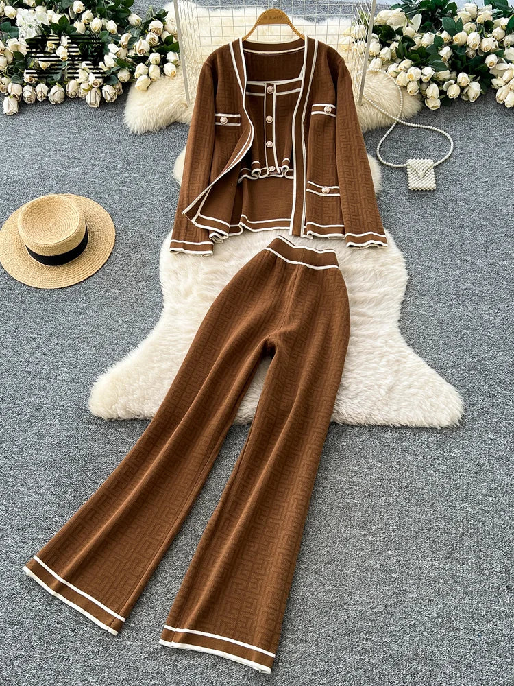 Ensemble 2 Pièces Femme – Tricot Imprimé Chic, Cardigan Chaud + Pantalon Large Décontracté