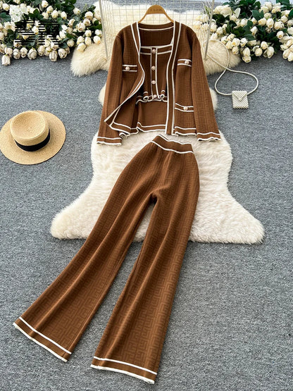 Ensemble 2 Pièces Femme – Tricot Imprimé Chic, Cardigan Chaud + Pantalon Large Décontracté