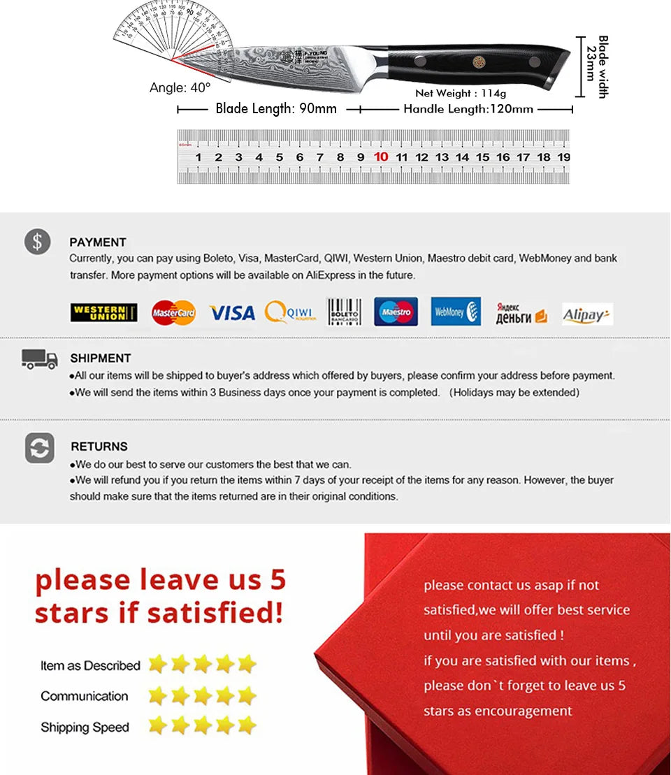 Couteau de cuisine professionnel F.YOUNG – acier Damas, chef japonais & sashimi