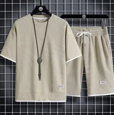 Ensemble mode été homme – T-shirt et short gaufré, décontracté, confortable, sport et course, style ample