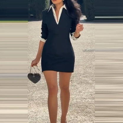 Mini Robe Chic Femme – Chemise Slim à Revers Noir & Blanc, Look Sexy Moderne YIKOOLIN