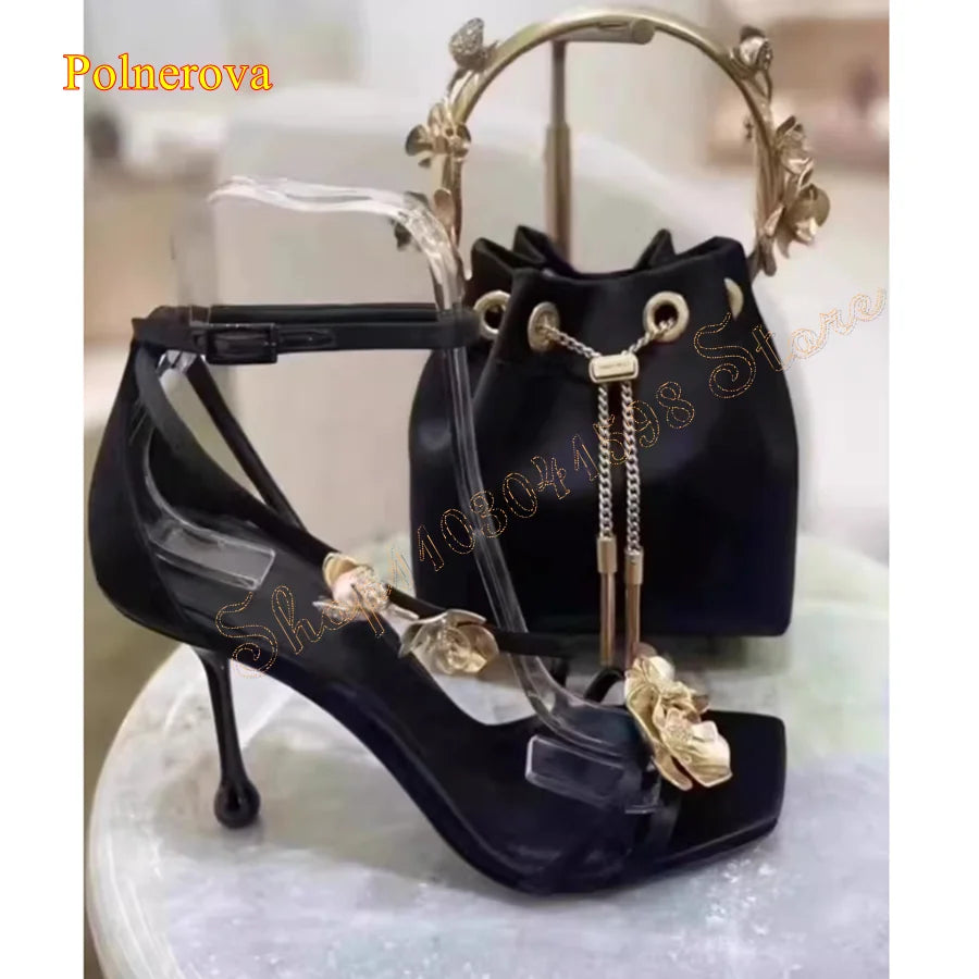 Chaussures plates cuir femme avec talons hauts et fleurs dorées – Mode fête