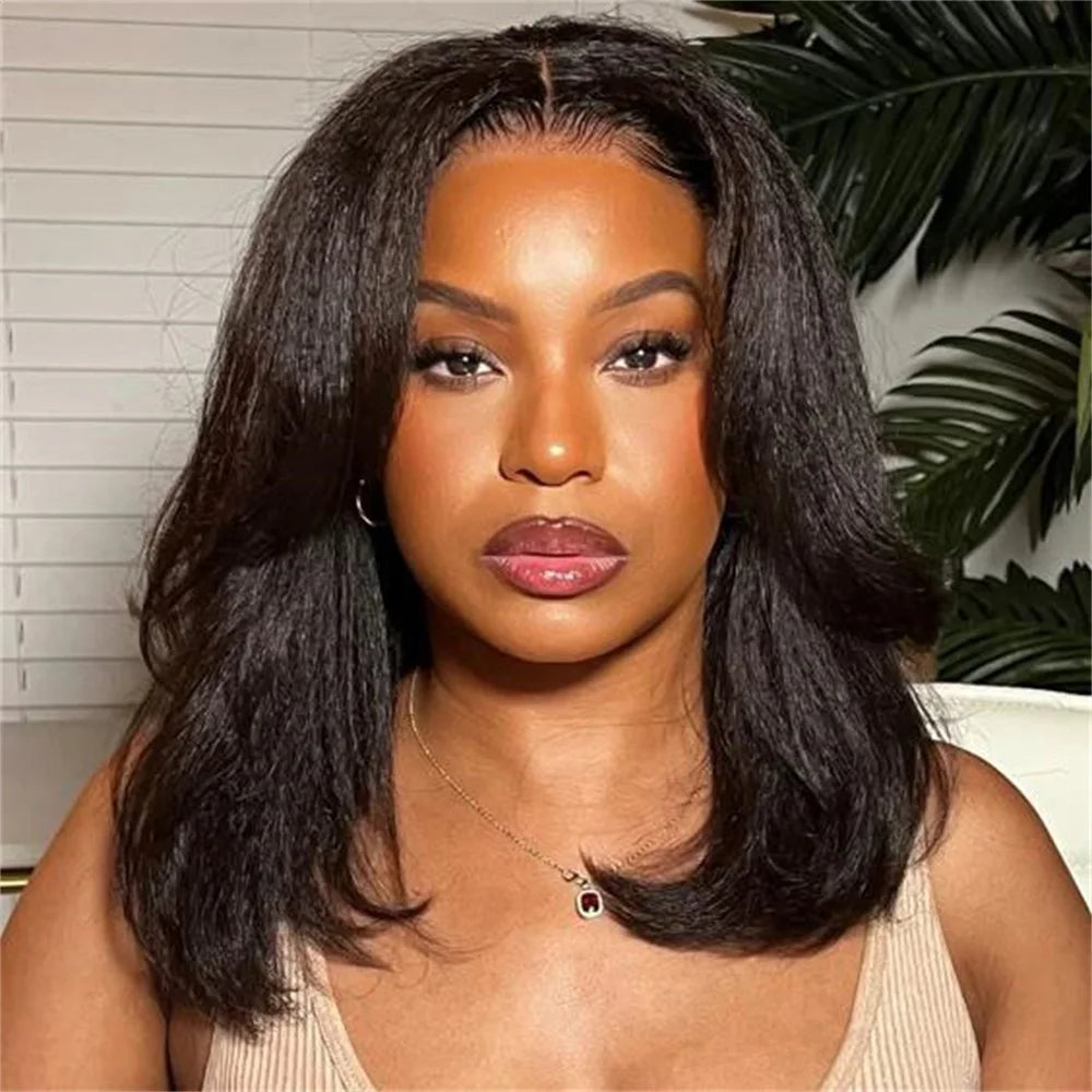 Perruque courte Bob femme – Synthétique Yaki, Lace Front, pré-épilée, droit, doux, baby hair, sans colle, 18"
