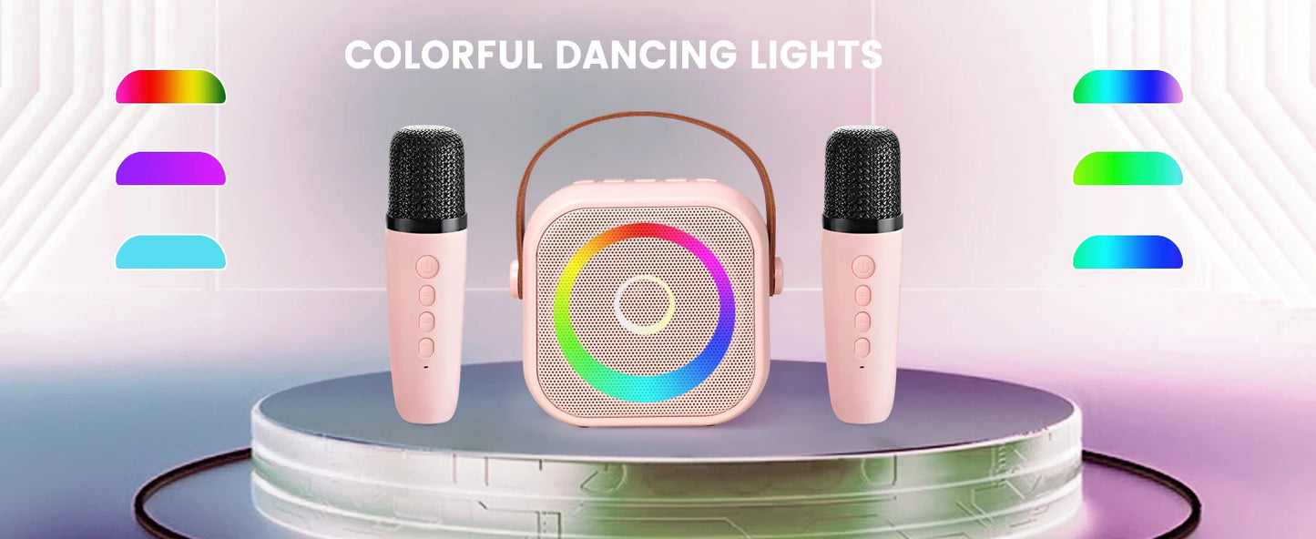 Mini machine karaoké Bluetooth enfants K12, portable avec 2 micros sans fil.