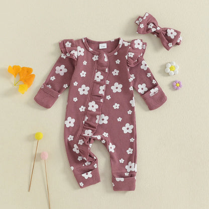 Ensemble bébé fille 2 pièces : combinaison florale à manches longues + bandeau .