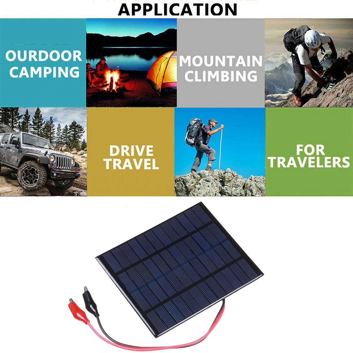 Panneau solaire portable en polysilicium, panneau de charge solaire bricolage extérieur avec clip pour charge de batterie 9-12V, 12V, 10W