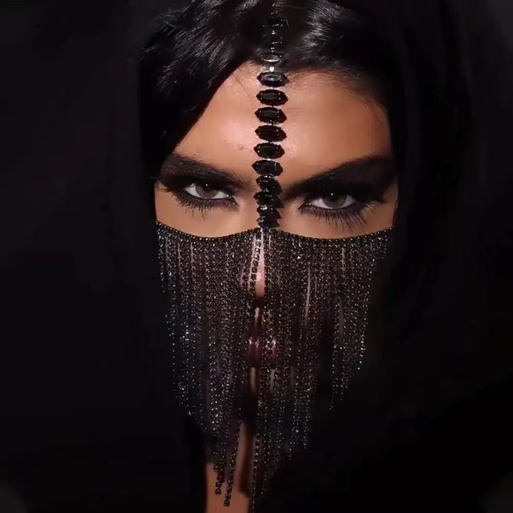 Masque facial complet strass – Noir luxueux, bijoux scintillants, pompon, fête, danse, bal masqué