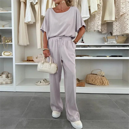 Ensemble Femme 2 Pièces Été – Col Rond à Lacets & Pantalon Décontracté, Couleur Unie Tendance