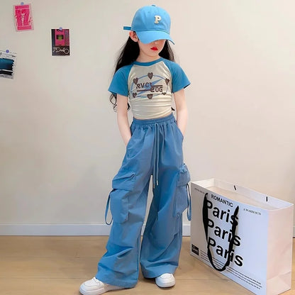 Pantalons cargo amples fille 5-14 ans, jambes larges, poches, mode printemps .