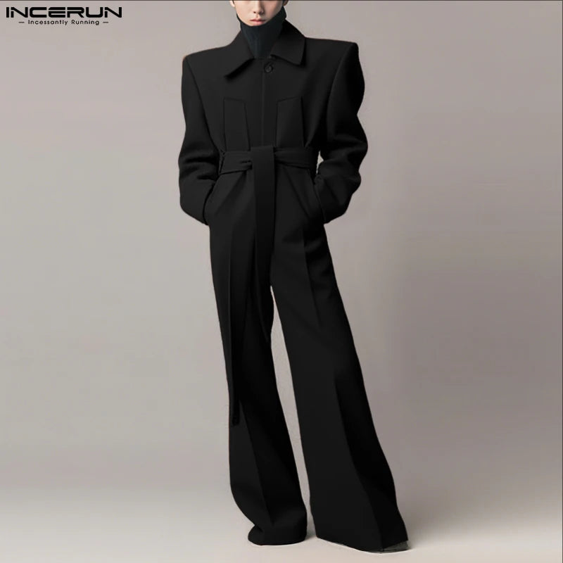 Salopette homme INCERUN  couleur unie à manches longues revers, jambe large – Combinaison ample streetwear décontracté S-5XL