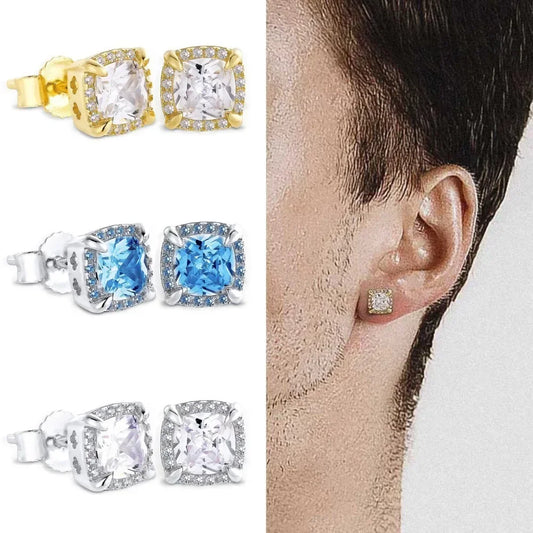 Boucles d’Oreilles Homme Hip-Hop Or – Cristal Bleu Glacé, Bijoux Luxe Tendance YIKOOLIN