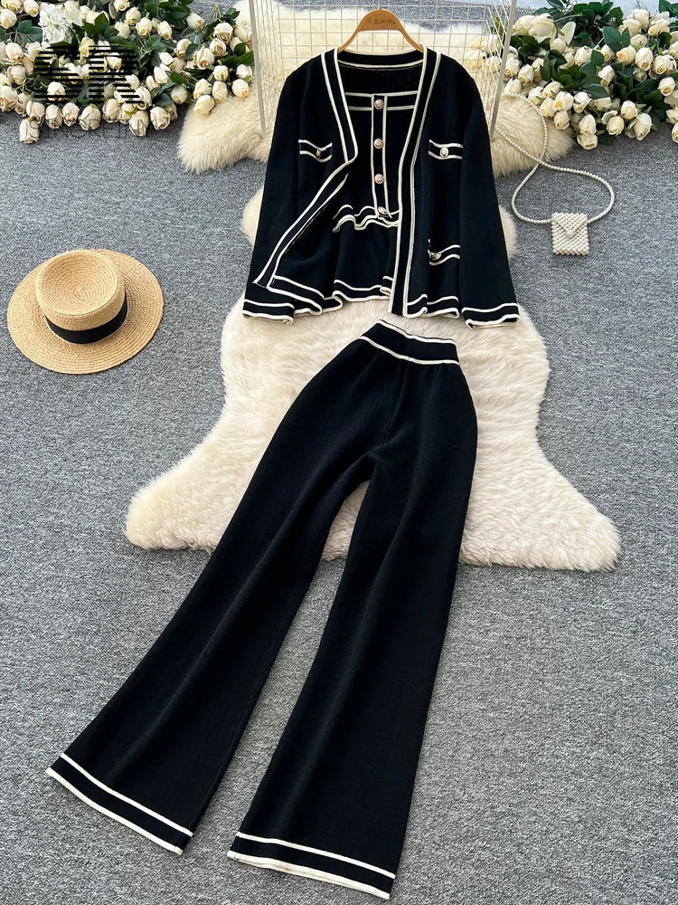 Ensemble 2 Pièces Femme – Tricot Imprimé Chic, Cardigan Chaud + Pantalon Large Décontracté