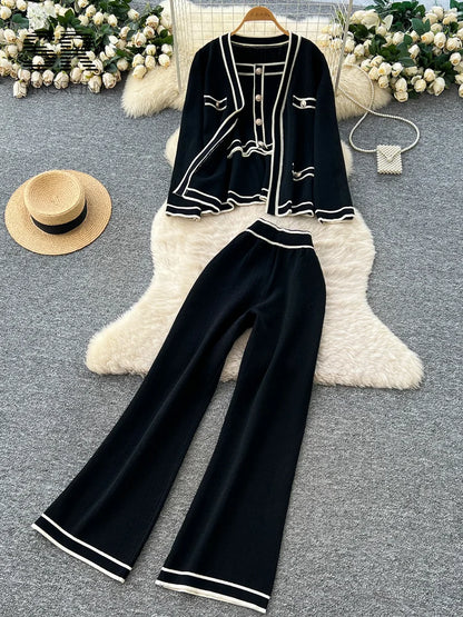 Ensemble 2 Pièces Femme – Tricot Imprimé Chic, Cardigan Chaud + Pantalon Large Décontracté