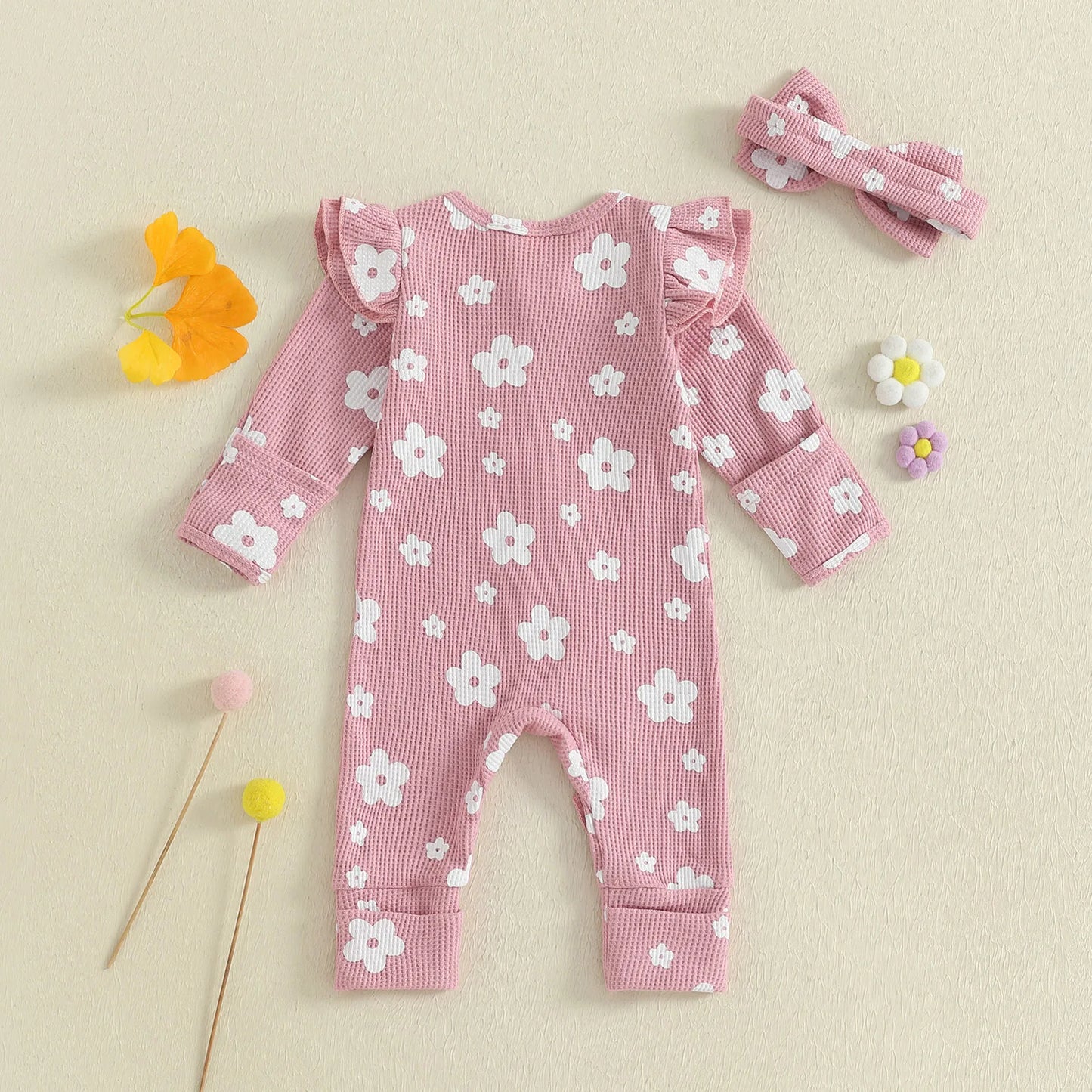 Ensemble bébé fille 2 pièces : combinaison florale à manches longues + bandeau .