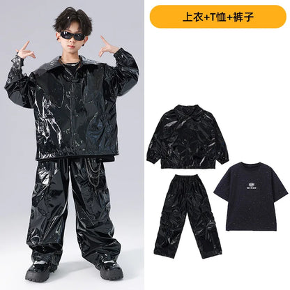 Costume Danse Jazz Garçon Filles, Pantalon Cuir Brillant Rouge, Streetwear Hip Hop Scène .