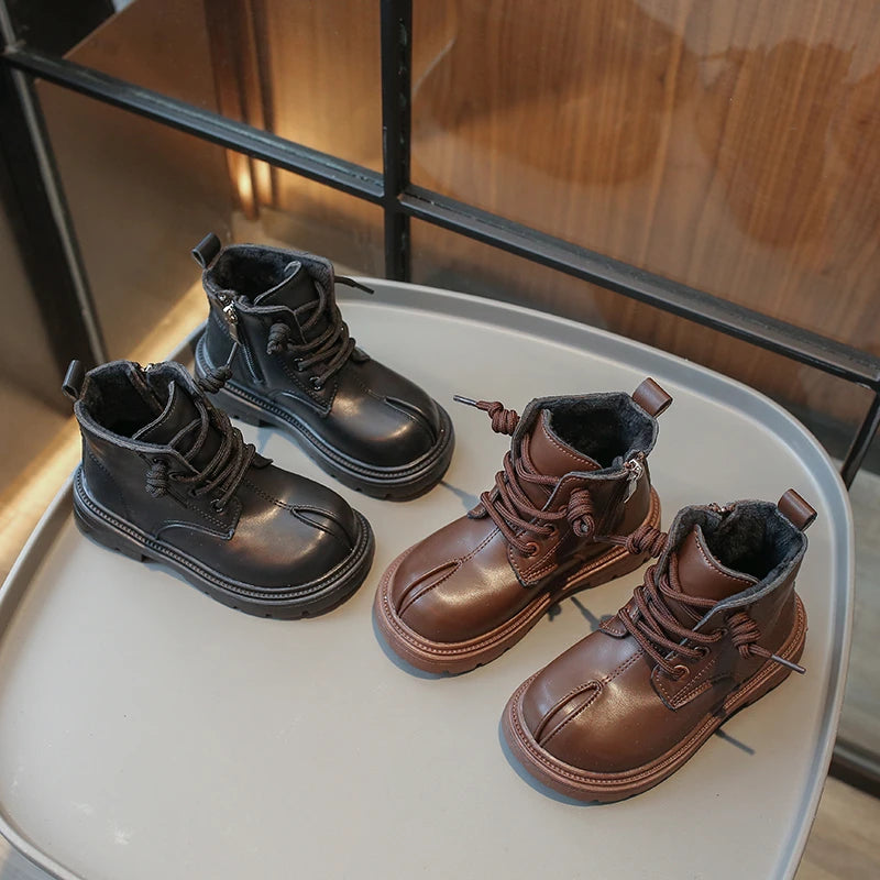 Bottes Enfant Cuir Hiver Chaudes Polaire – Marron Noir Velours Extérieur