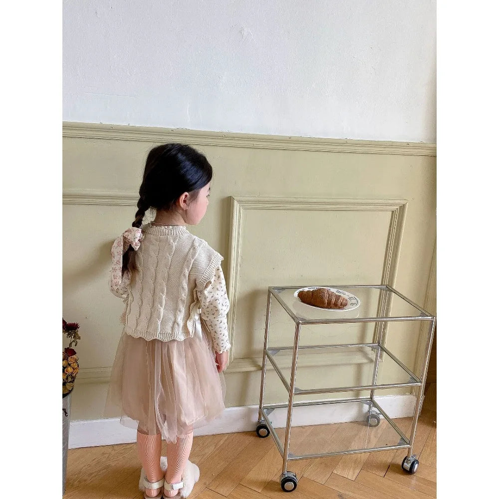 Gilet tricoté fille – sans manches, mode printemps/automne, 1‑7 ans