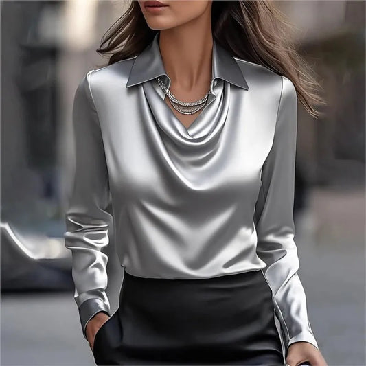 Chemise Femme Satin – Chemisier Élégant à Col V & Manches Longues, Coupe Ample Décontractée Chic