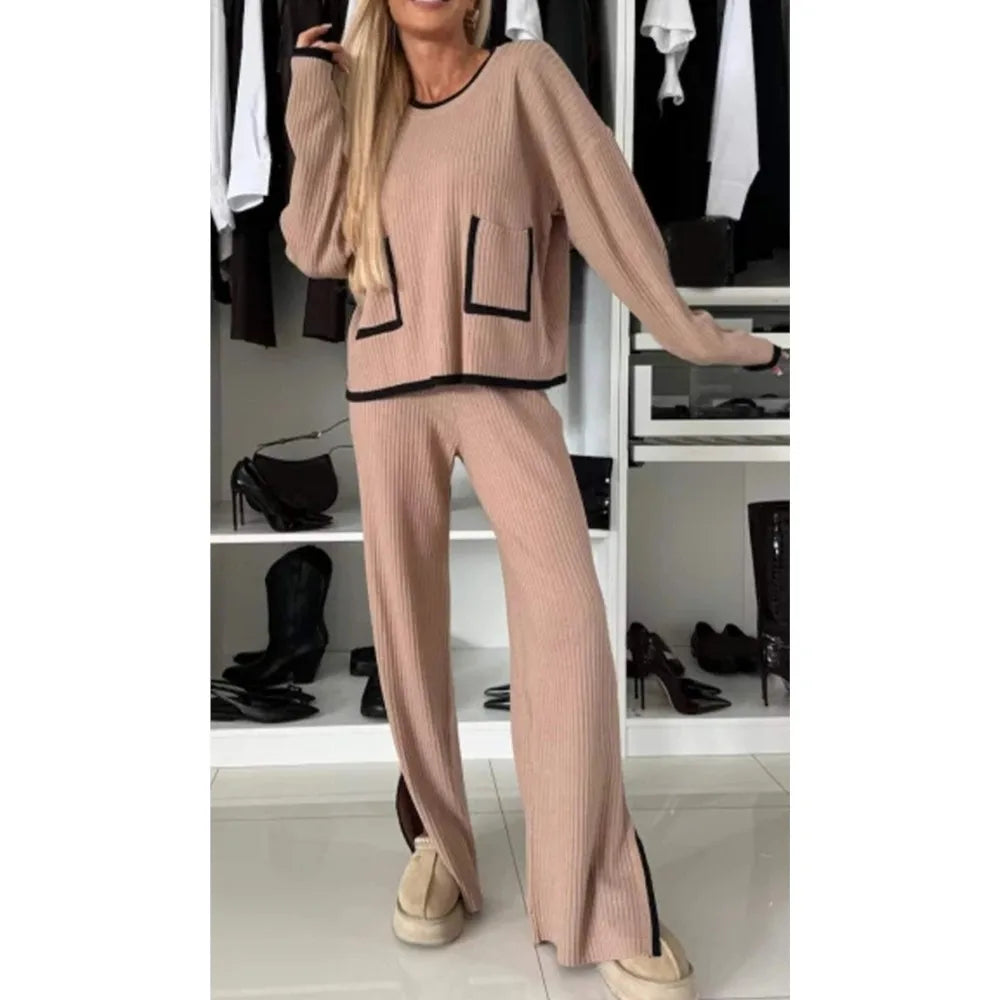 Tenue Décontractée Femme – Ensemble 2 Pièces Y2K, Pull Col Rond & Pantalon Large Élégant
