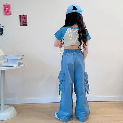 Pantalons cargo amples fille 5-14 ans, jambes larges, poches, mode printemps .