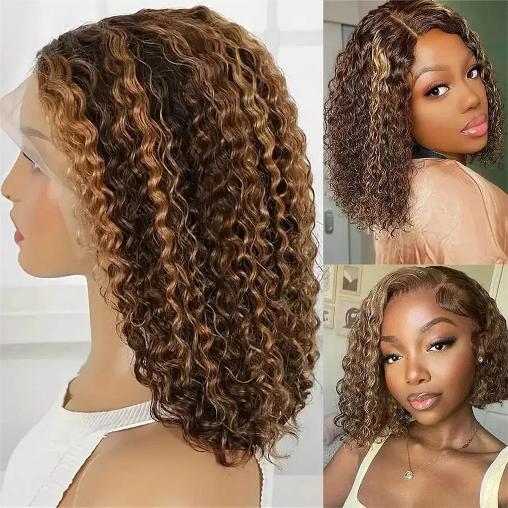 Perruque Bob Lace Frontal 13x4 – Cheveux Brésiliens Naturels Deep Wave, Courts Bouclés, Couleur Ombrée à Reflets .