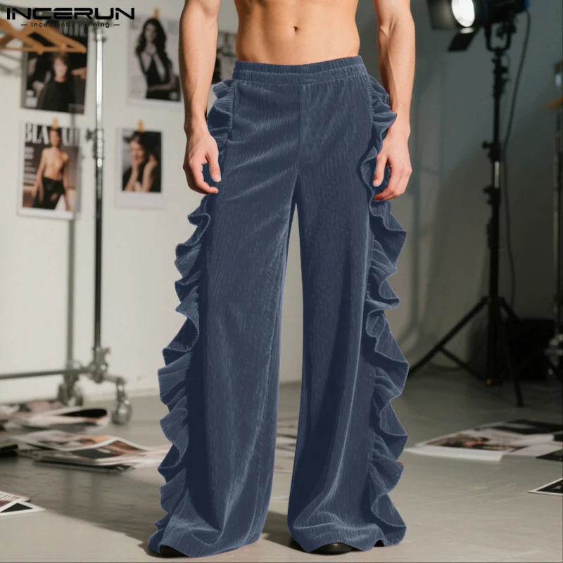 Pantalon homme INCERUN velours imprimé couleur unie à volants, taille élastique – Streetwear ample mode décontracté S-5XL